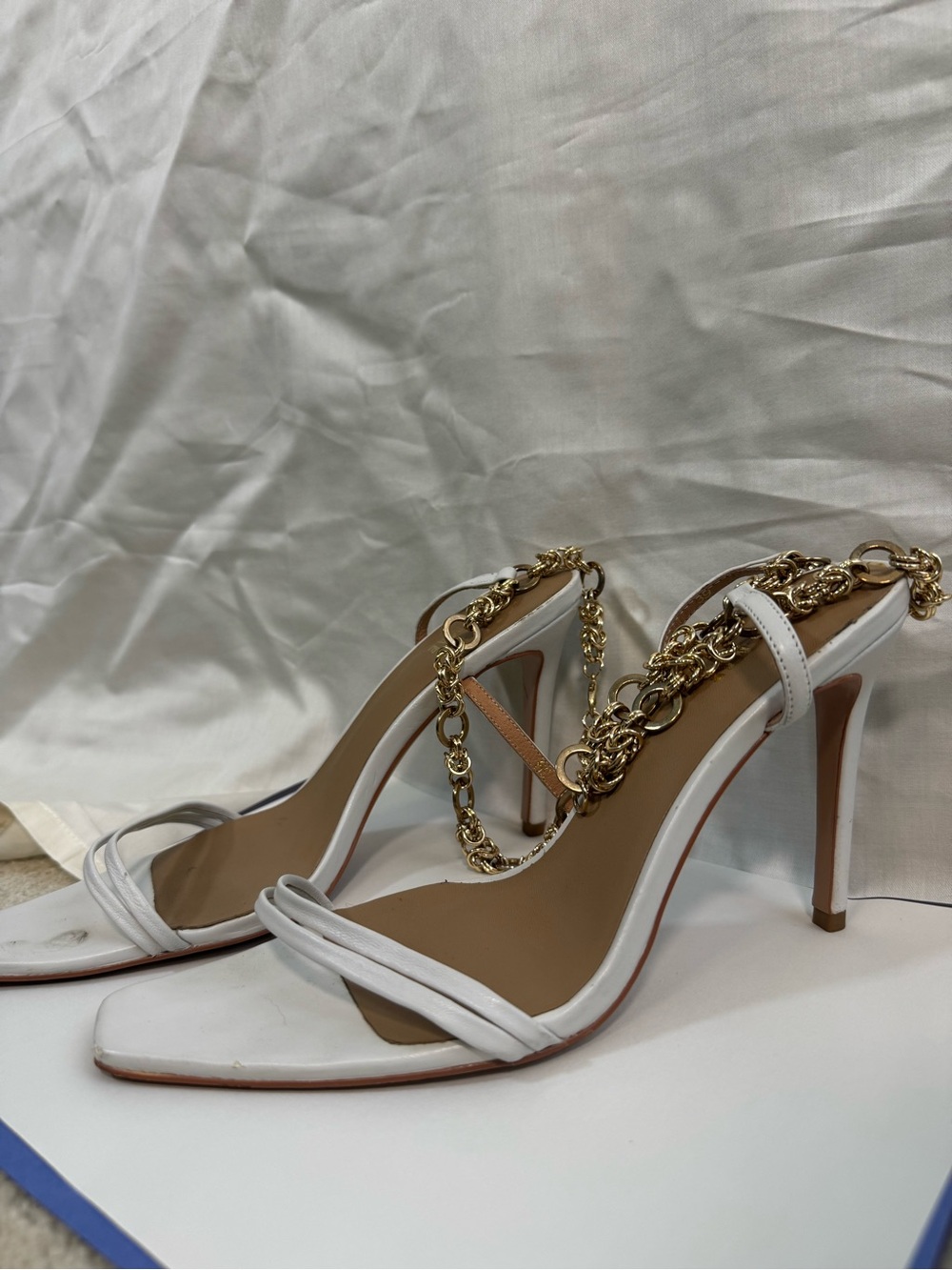 Alias Mae White Stiletto Sandals with Gold Chain Detail